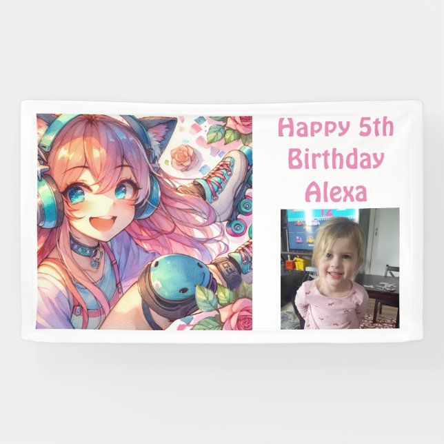 Banderoles Belle Anime Girl Roller Patinage Anniversaire (Horizontal)