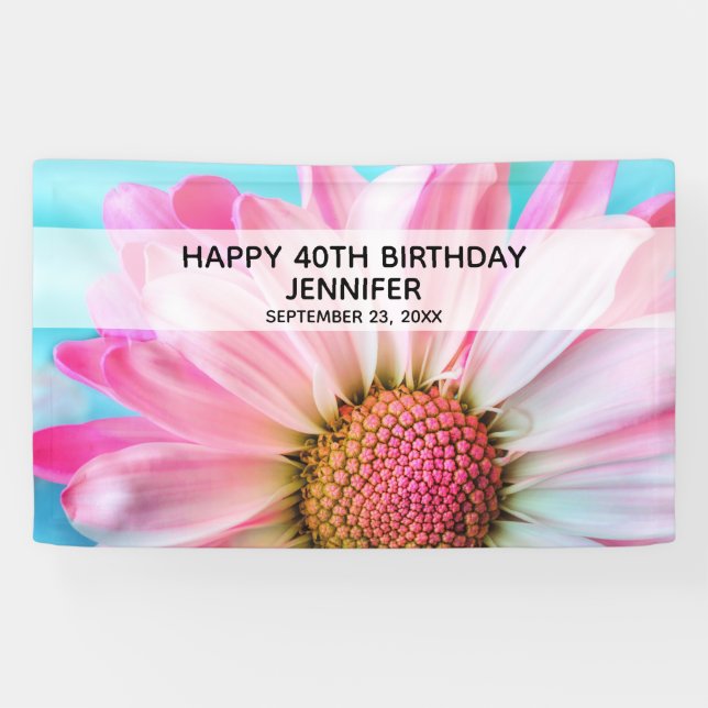Banderoles Belle Fleur rose Gros plan Photo Anniversaire (Horizontal)