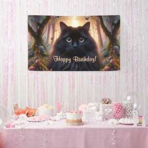 Banderoles Belle Fluffy Chat Noir avec yeux or Anniversaire