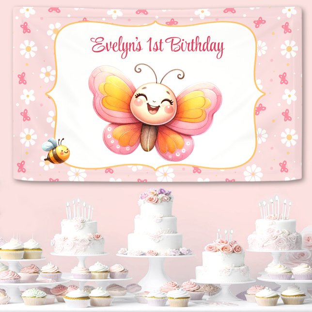 Banderoles Beurre mignon rose florale fille 1er anniversaire (Cute Butterfly Pink Floral Girl 1st Birthday Banner)
