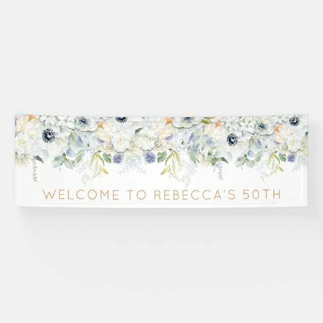 Banderoles Bienvenue 50e anniversaire Nom de fête Fleurs Feui (Horizontal)