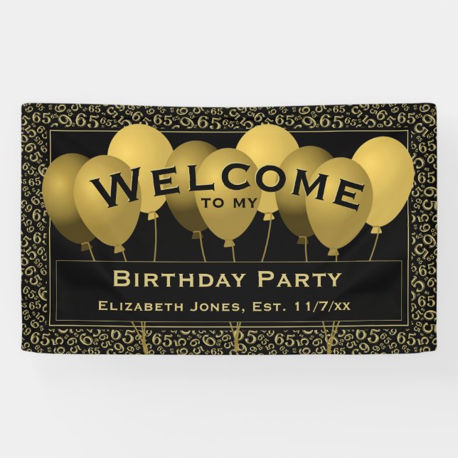 Banderoles Bienvenue 65e anniversaire Motif numéro | Noir/Or  (Horizontal)
