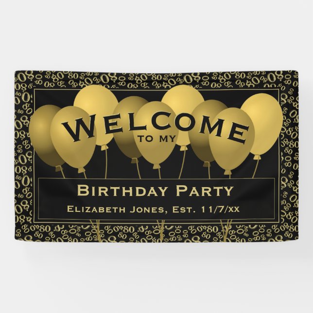 Banderoles Bienvenue 80e anniversaire Numéro Motif | Noir/Or (Horizontal)