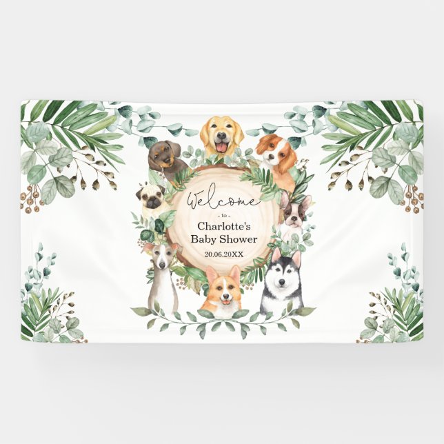 Banderoles Bienvenue à la Baby Shower Chiots et Feuillage (Horizontal)