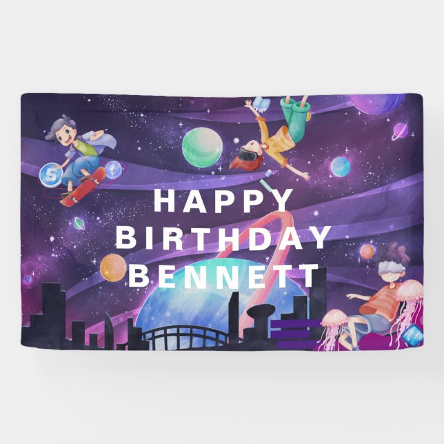 Banderoles Bienvenue à la fête d'anniversaire de Virtual Real (Horizontal)