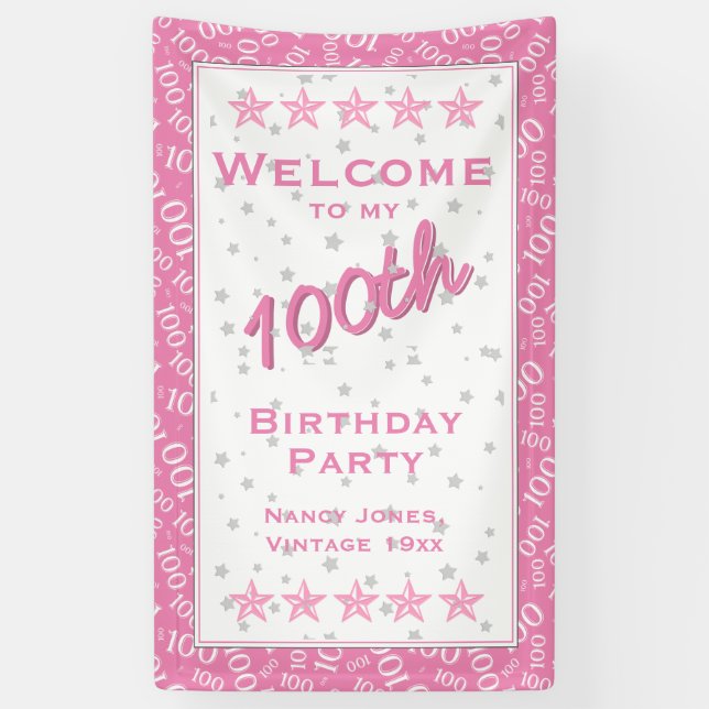 Banderoles Bienvenue à ma 100e fête d'anniversaire - rose/bla (Vertical)