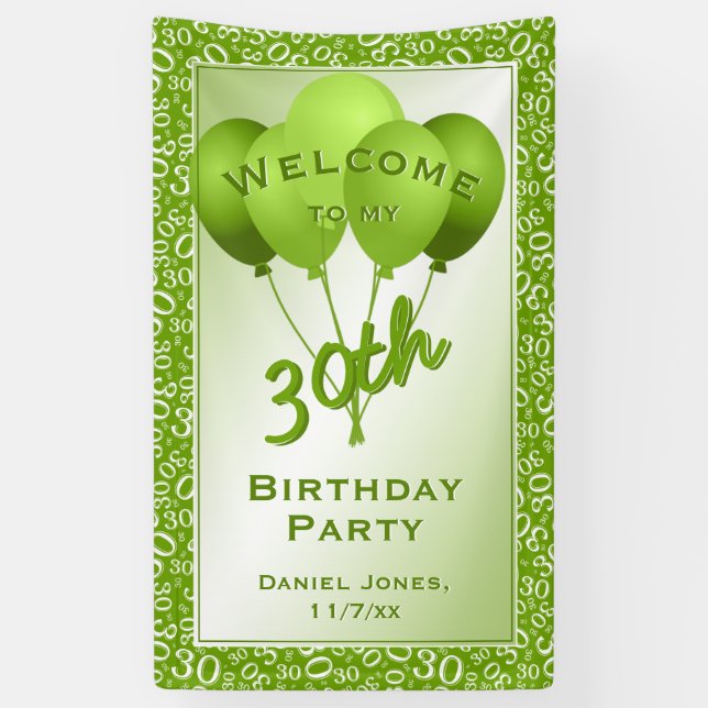 Banderoles Bienvenue à ma 30e fête d'anniversaire - Vert/Blan (Vertical)