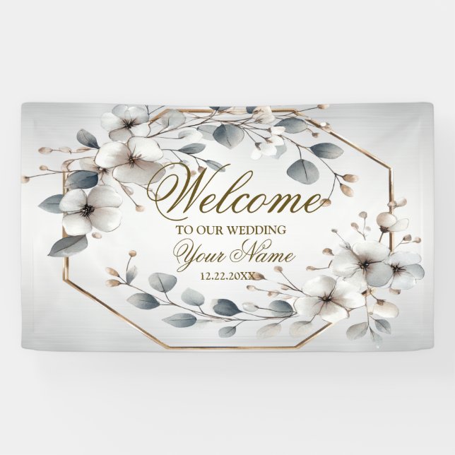 Banderoles Bienvenue Aquarelle Fleurs blanches Argent doré (Horizontal)