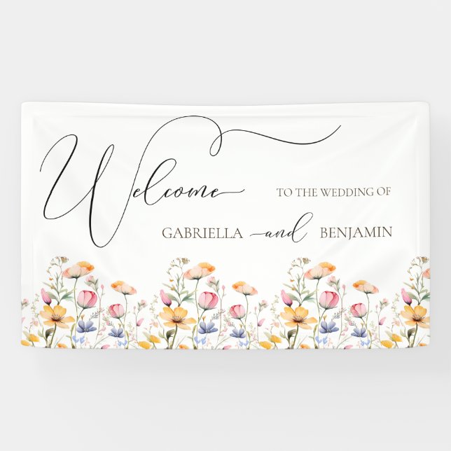 Banderoles Bienvenue au mariage de fleurs sauvages de prairie (Horizontal)