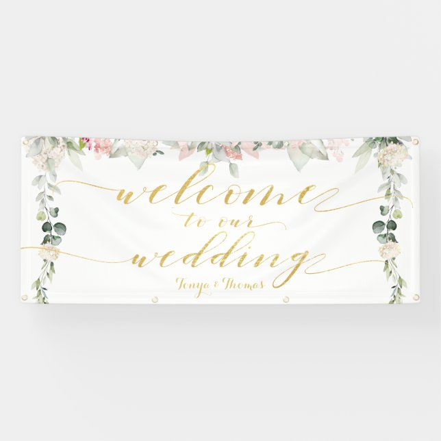 Banderoles Bienvenue en calligraphie dorée Fancy Blush Blooms (Horizontal)