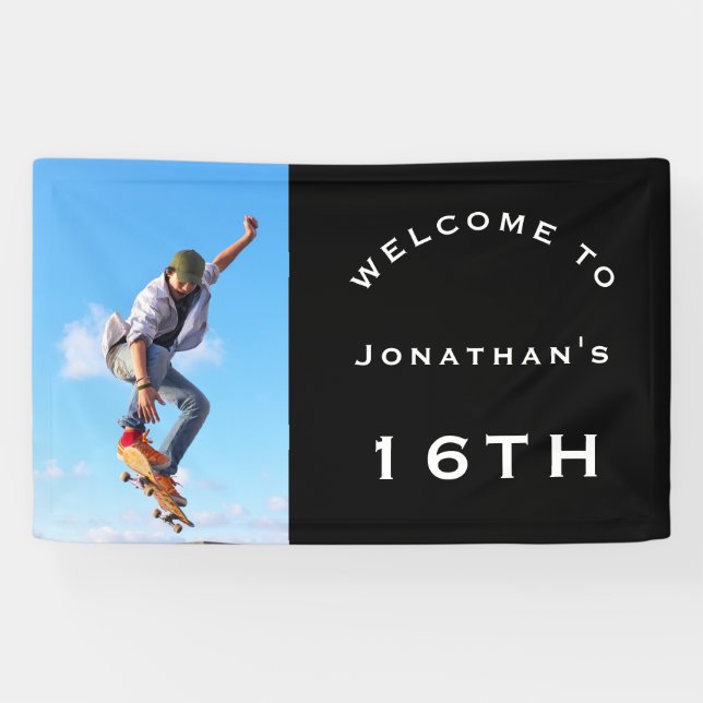 Banderoles Bienvenue Homme 16e fête d'anniversaire photo noir (Horizontal)