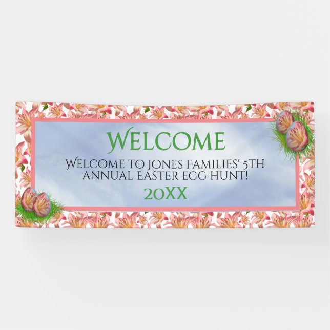 Banderoles Bienvenue - Liliers roses - Chasse aux oeufs - Vot (Horizontal)