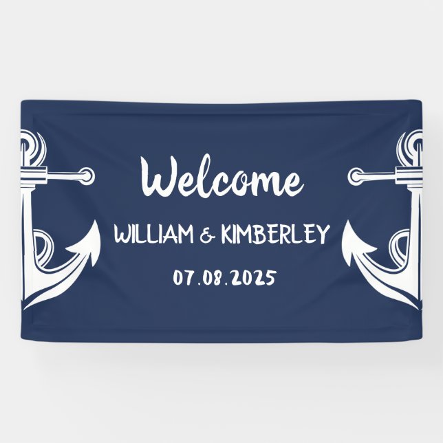 Banderoles Bienvenue Nautical Navy Blue Ancre Mariage (Horizontal)