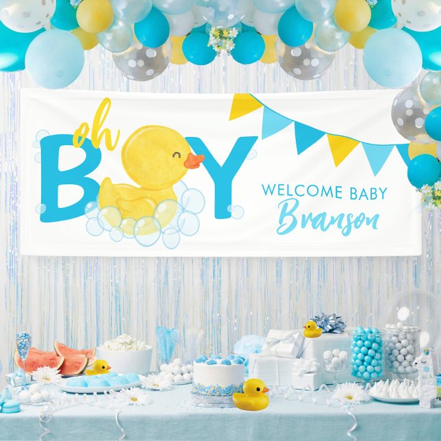 Banderoles Bienvenue Nom du bébé Baby shower de canard en cao (Oh Boy Welcome Baby Name Rubber Duck Hanging Vinyl Baby Shower Banner)