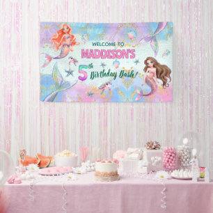 Banderoles Bienvenue pour les 5 ans Sirènes Paillettes Rose V