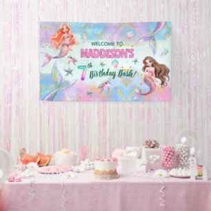 Banderoles Bienvenue pour les 7 ans Sirènes Paillettes Rose V