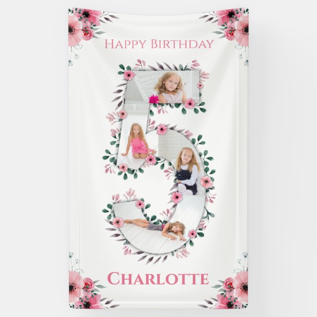 Banderoles Big 5th Birthday Girl Photo Collage Fleur rose (Vertical)