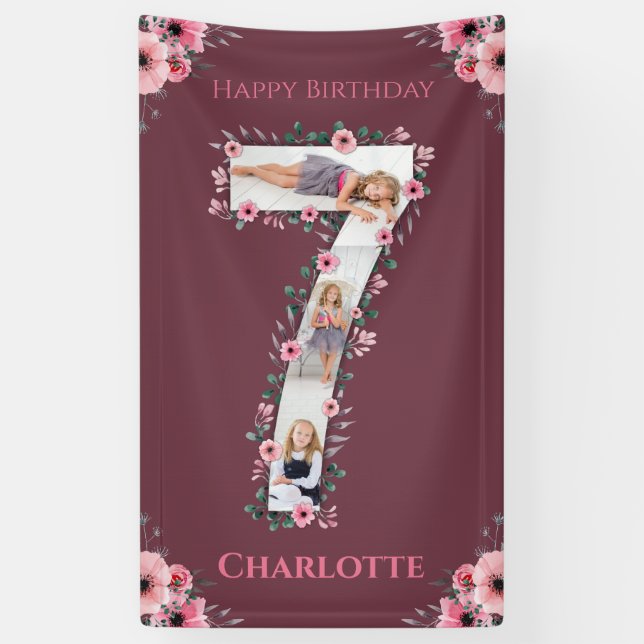 Banderoles Big 7th Birthday Girl Photo Collage Fleur rose (Vertical)