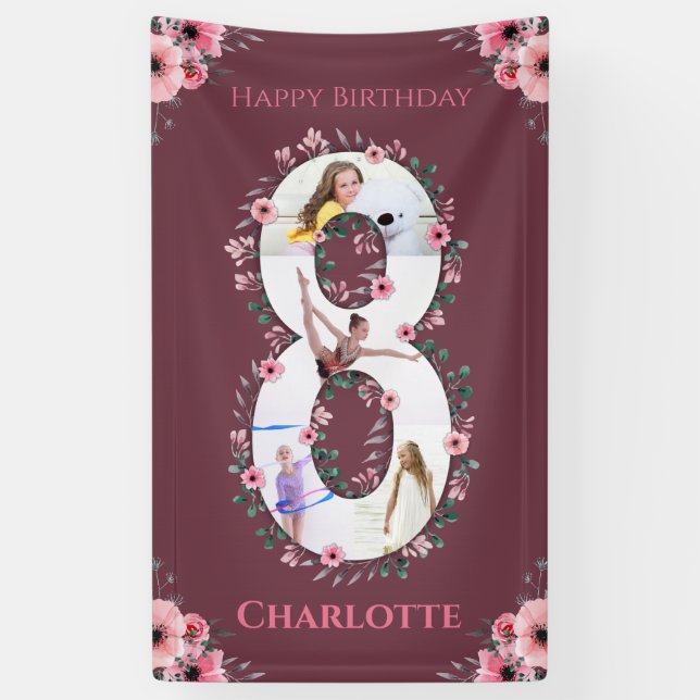 Banderoles Big 8th Birthday Girl Photo Collage Fleur Rose Ba (Vertical)