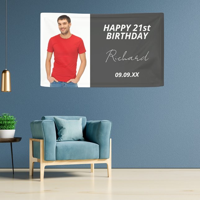 Banderoles Birthday party custom photo gray modern guy (Créateur téléchargé)