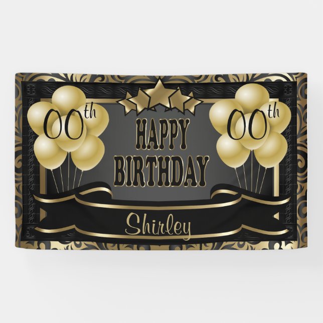 Banderoles Black and Gold Abstrait Joyeux 00e anniversaire (Horizontal)