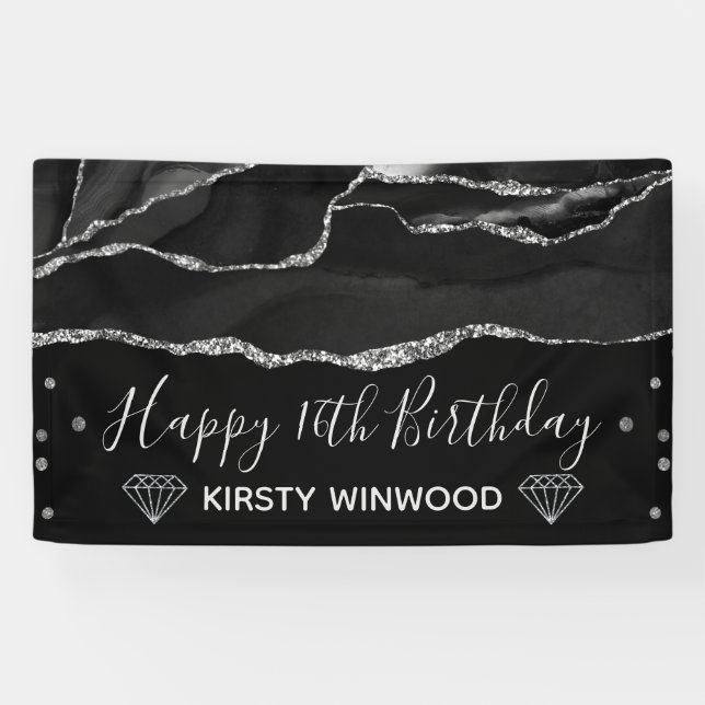 Banderoles Black & Faux Argent Pailleté Agate Sweet 16 (Horizontal)