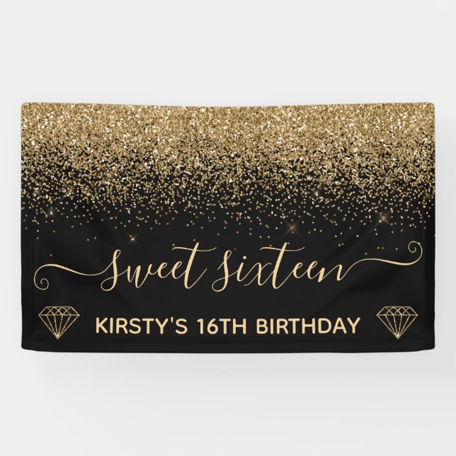 Banderoles Black & Faux Gold Parties scintillant Sweet 16 (Horizontal)