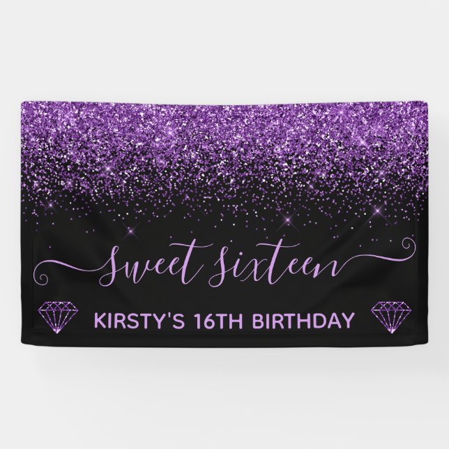 Banderoles Black & Faux Purple Parties scintillant Sweet 16 (Horizontal)