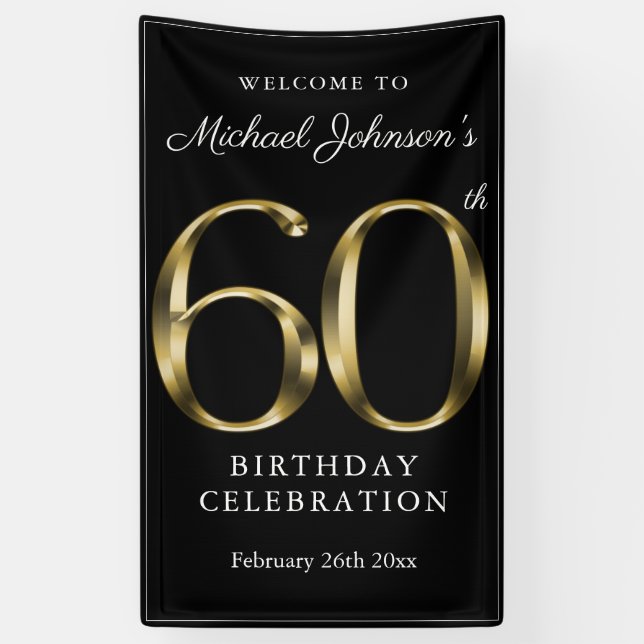 Banderoles Black Gold 60th Birthday Party Élégant Bienvenue (Vertical)