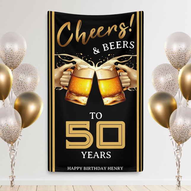 Banderoles Black & Gold Cheers & Beers 50 ans 50e anniversair (Black & Gold Cheers & Beers 50 Years 50th Birthday Banner)