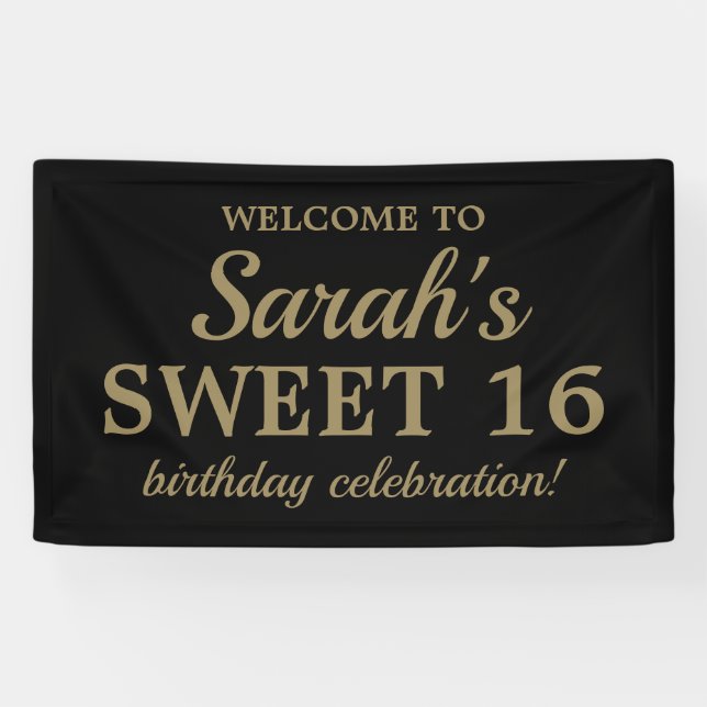 Banderoles Black Gold Girl's Sweet 16 Anniversaire Bienvenue (Horizontal)