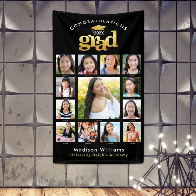 Banderoles Black Gold Graduation K-12 Photo Collage Moderne (Créateur téléchargé)