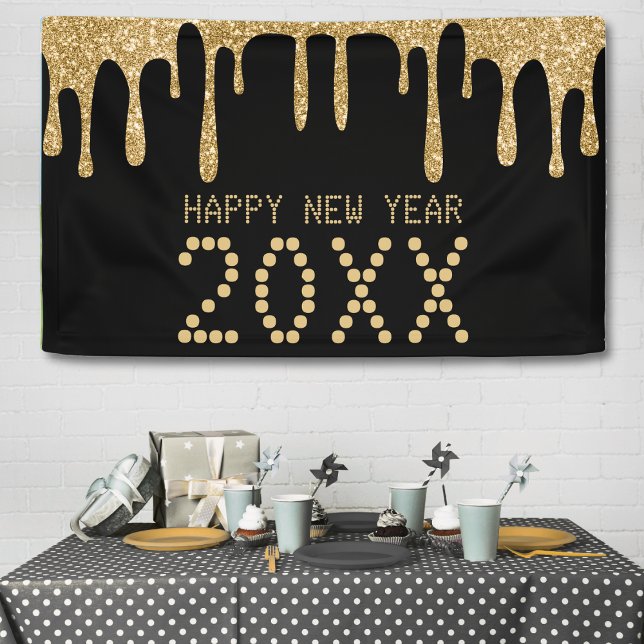 Banderoles Black & Gold Parties scintillant Drip Bonne année  (Black & Gold Glitter Drip Happy New Year 2024 Banner)