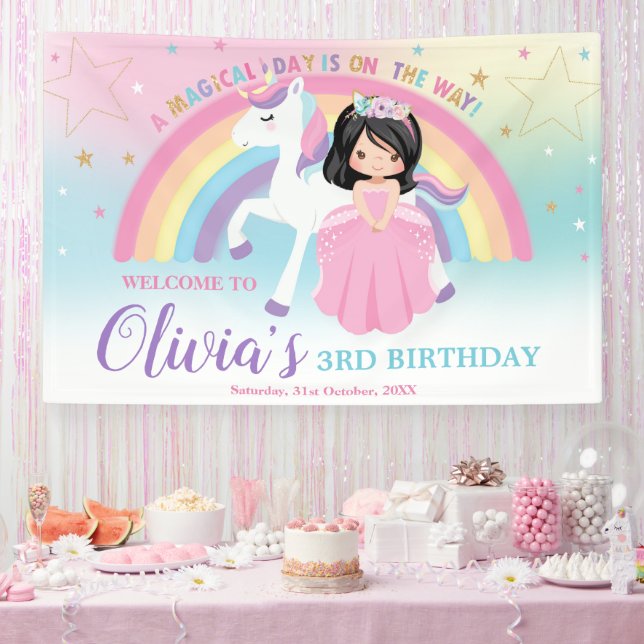 Banderoles Black Hair Princess Pink Unicorne Bienvenue (Fête)