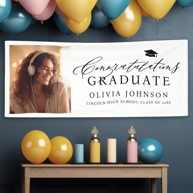 Banderoles Black Modern Calligraphy Photo Graduation Party (Black Modern Calligraphy Photo Graduation Party Banner)