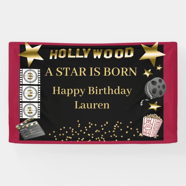 Banderoles Black Red Gold Hollywood Une étoile est née annive (Horizontal)