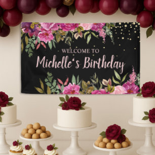Banderoles Black rose violet Parties scintillant d'or Floral