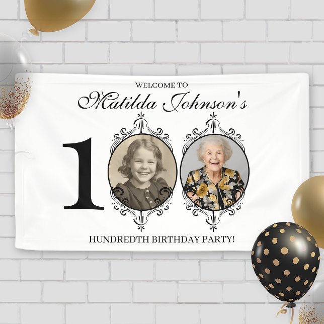 Banderoles Black White Photo 100th Birthday Party Welcome (Black White Photo 100th Birthday Party Welcome Banner)
