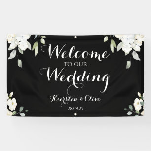 Banderoles Blanc Sur Flore Noire Bienvenue À Notre Mariage