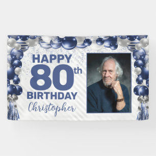 Banderoles Bleu bleu marine en argent photo 80e anniversaire