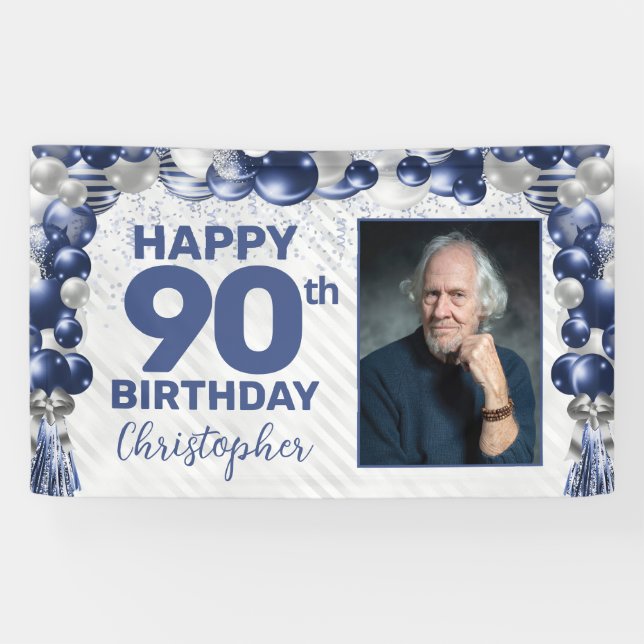 Banderoles Bleu bleu marine en argent photo 90e anniversaire (Horizontal)