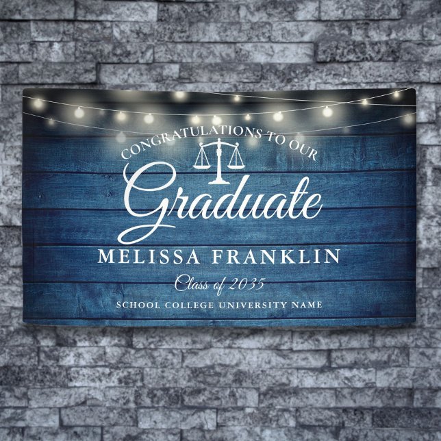 Banderoles Bleu Bois Chaîne Lumières Droit Diplôme de l'école (Blue Wood String Lights Law School Graduation Banner)