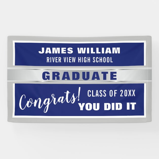 Banderoles Bleu et Argent Classe de 20XX Graduation (Horizontal)