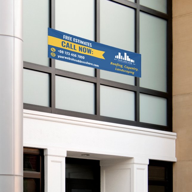 Banderoles Bleu Jaune Petite Entreprise Appel maintenant Logo (Bâtiment extérieur)