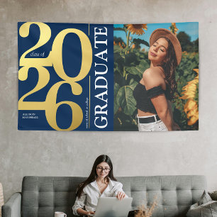 Banderoles Bleu Marine Gold 2025 Graduate Photo Graduation