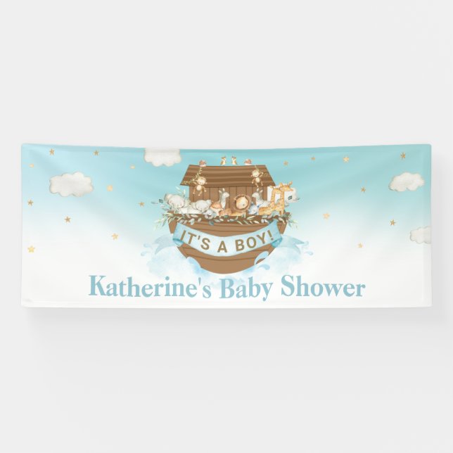 Banderoles Bleu Noé's Ark Boy Baby shower Anniversaire Baptêm (Horizontal)