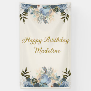 Banderoles Bleu Poussiéreux Blanc Floral Joyeux Anniversaire 