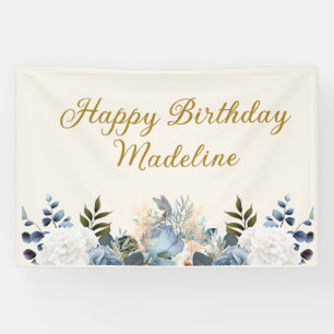 Banderoles Bleu Poussiéreux Blanc Floral Or Joyeux Anniversai