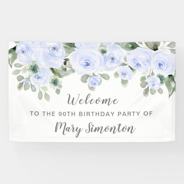 Banderoles Bleu Rose Floral 90 Anniversaire Fête Bienvenue Ba (Horizontal)