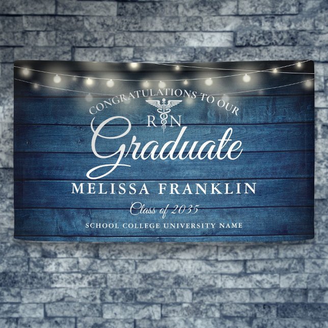 Banderoles Bleu Rustique Chaîne en Bois Lumières (Blue Rustic Wood String Lights Nursing Graduation Banner)